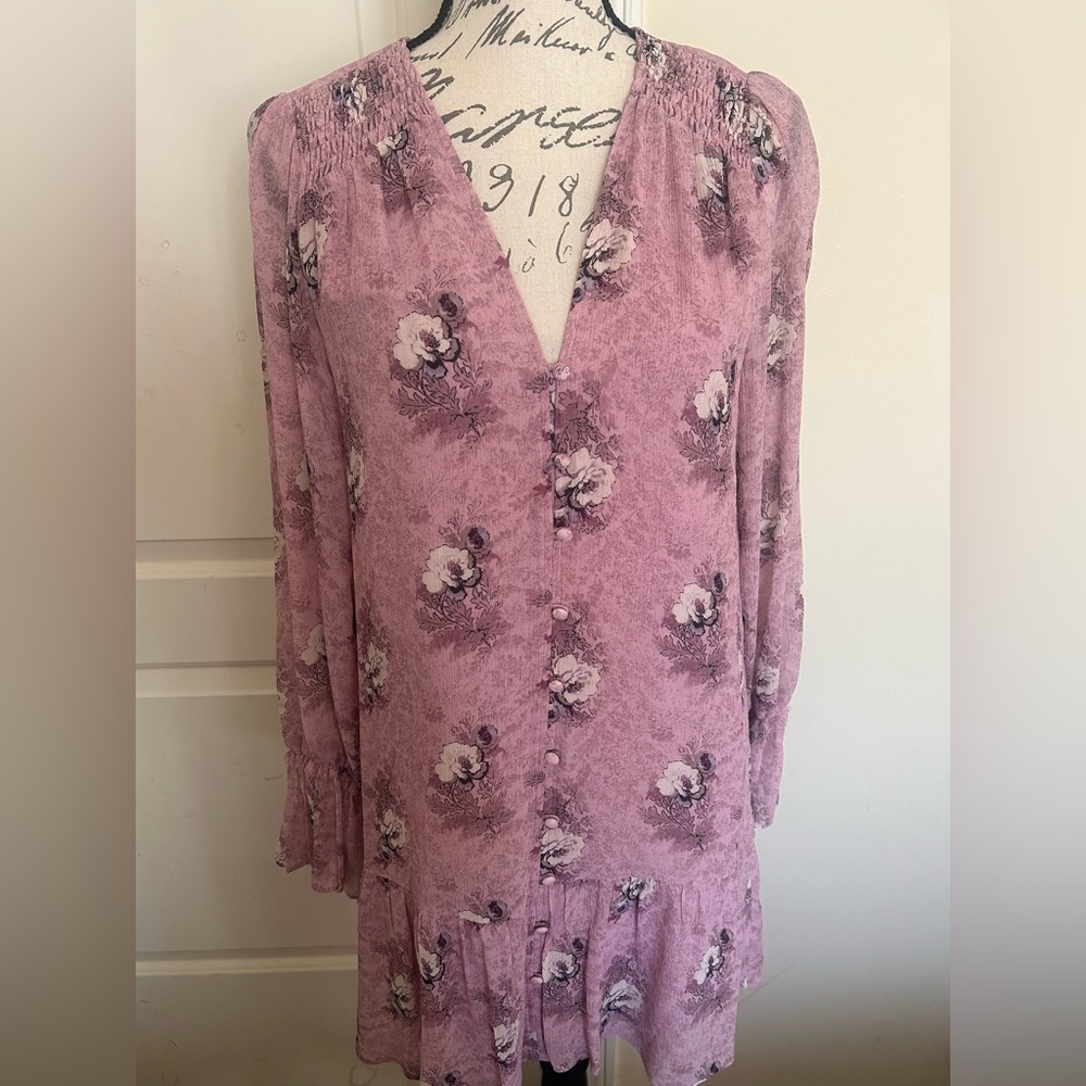 PAIGE Mauve Floral V-Neck Silk Dress - Picture 2 of 6